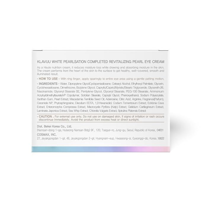 KLAVUU PEARLSATION Enriched Pearl Eye Cream – Face Moisturizer, Niacinamide, Enhances Skin Elasticity, Dark Circles Under Eye Treatment with Anti-Aging Hydration, Korean Skin Care (0.68oz/20ml)