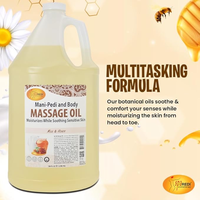 SPA REDI - Massage Oil, Milk and Honey, 128 Oz - Professional Pedicure, Manicure, Full Body Massage Therapy - Made With Almond, Cotton Seed, Sunflower, Avocado, Essential Oils, Vitamin E