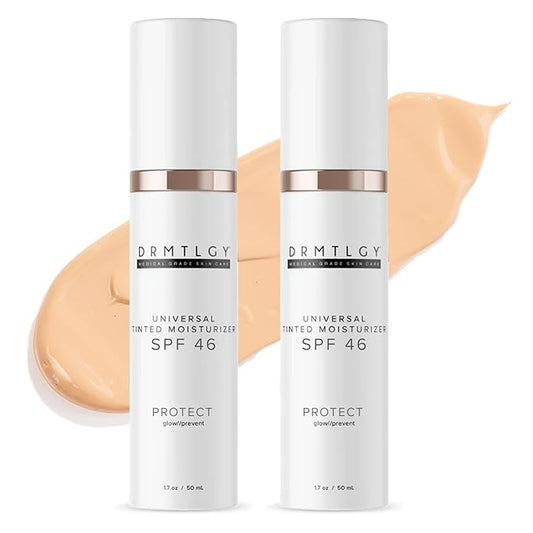 DRMTLGY Anti-Aging Tinted Moisturizer with SPF 46. Universal Tint. All-In-One Light Coverage Sheer Tinted Face Sunscreen with Broad Spectrum Protection Against UVA and UVB Rays. 1.7 oz, 2 pack
