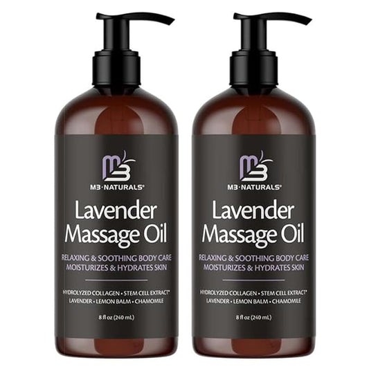 Lavender Massage Oil with Collagen and Stem Cells - Skin Firming Therapy Oil for Cellulite and Quick Absorption on Bum, Thighs, and Belly by M3 Naturals (Pack of 2)