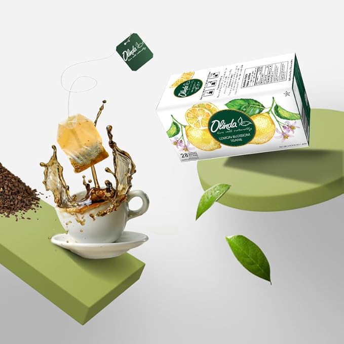 Olinda Herbal Tea Lemon Blossom Tisane Caffeine Free Organic Lemon Tea with Hibiscus Rosehips Orange Peel Lemongrass Natural Tea Bags For Women 28 Tea Bags