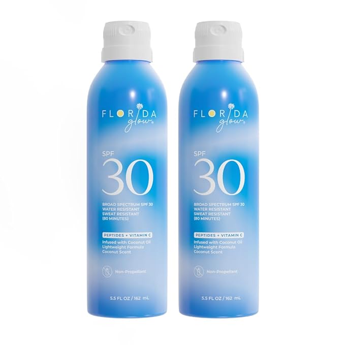 Florida Glow SPF 30 Sunscreen Spray - Hawaii 104 Reef Act & Florida Keys Compliant Broad Spectrum Water Resistant Sport Sun screen - Child Friendly Oxybenzone & Octinoxate Free (SPF 30 2-pack)