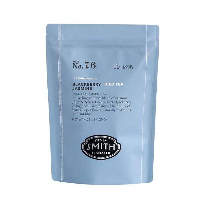 Smith Teamaker Blackberry Jasmine Iced Tea No. 76 Refreshing, Caffeinated, Sustainably Grown Organic Full Leaf Green Iced Tea, 10 Count, 1 Quart Sachets