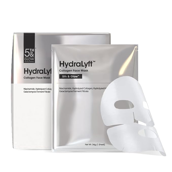 5th & Glow HydraLyft - Collagen Face Mask - Collagen Hydrogel Mask with Hyaluronic Acid & Niacinamide - Deep Hydration, Anti-Aging & Firming Collagen Mask for a Youthful, Glass Skin Glow - 4 Sheets
