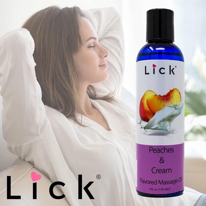 Peaches and Cream Flavored Massage Oil with Vitamin E, Vegan Edible Body Massage Oil for Women and Men with Sweet Almond Oil, Relaxing and Non Sticky Full Body Massages 4 oz