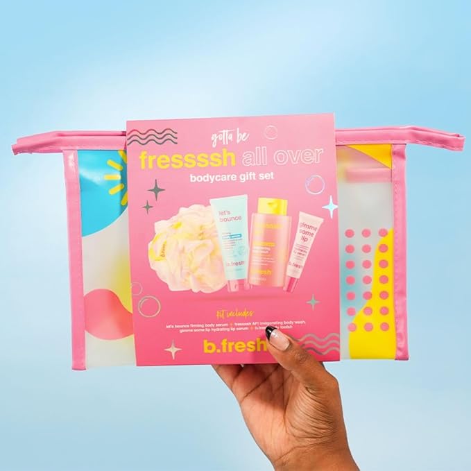 b.fresh Body Care Gift Set | Fressssh All Over - Self Care Kit Includes Travel Size Body Wash, Firming Body Serum, and Full Size Loofah with Hydrating Lip Serum