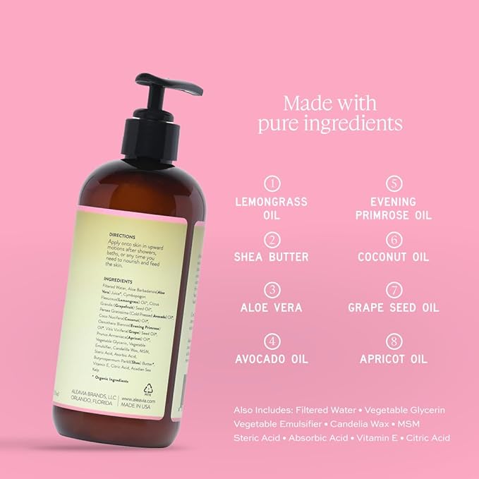 Aleavia Grapefruit Lemongrass Prebiotic Body Lotion – Lightly Scented, All-Natural Moisturizing Body Lotion with Organic Essential Oils – 12 Oz