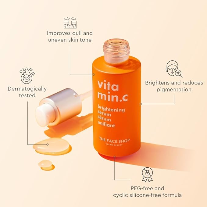 The Face Shop Vitamin C Skin Brightening Serum - Brighten Complexion, Fade Dark Spots, Improve Dull & Uneven Skin Tone - Vitamin C Face Serum, Hyaluronic Acid, Niacinamide Serum - Korean Skin Care