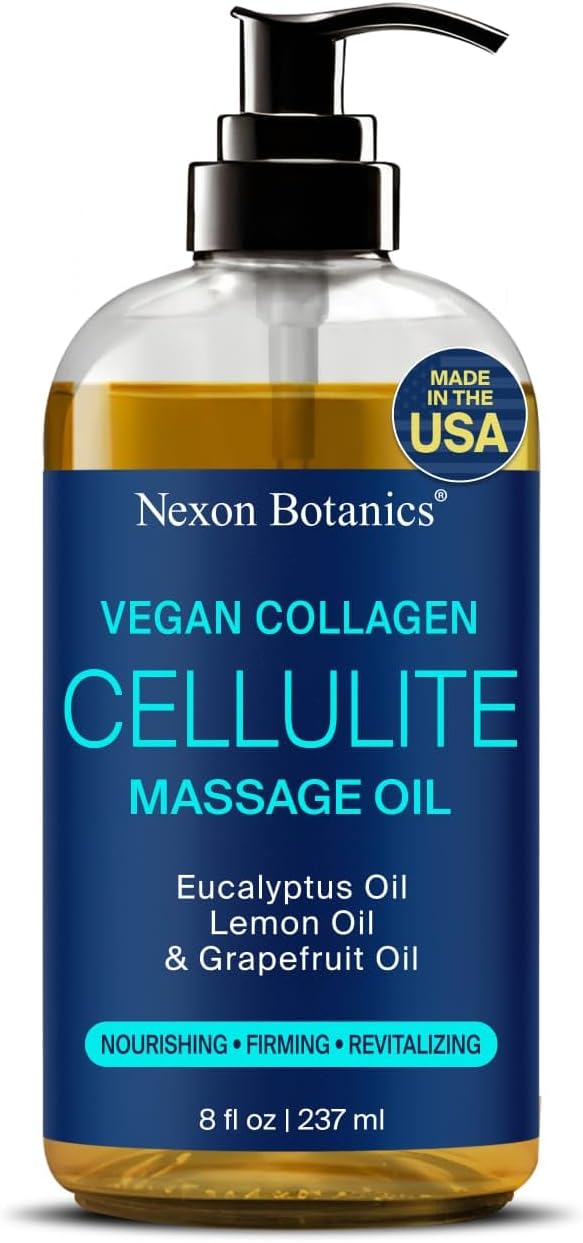 Anti-Cellulite Massage Oil for Massage Therapy 8 fl oz - Vegan Collagen Oil for Thighs, Butt, and Legs - Reduces Cellulite for Women and Men - Nexon Botanics