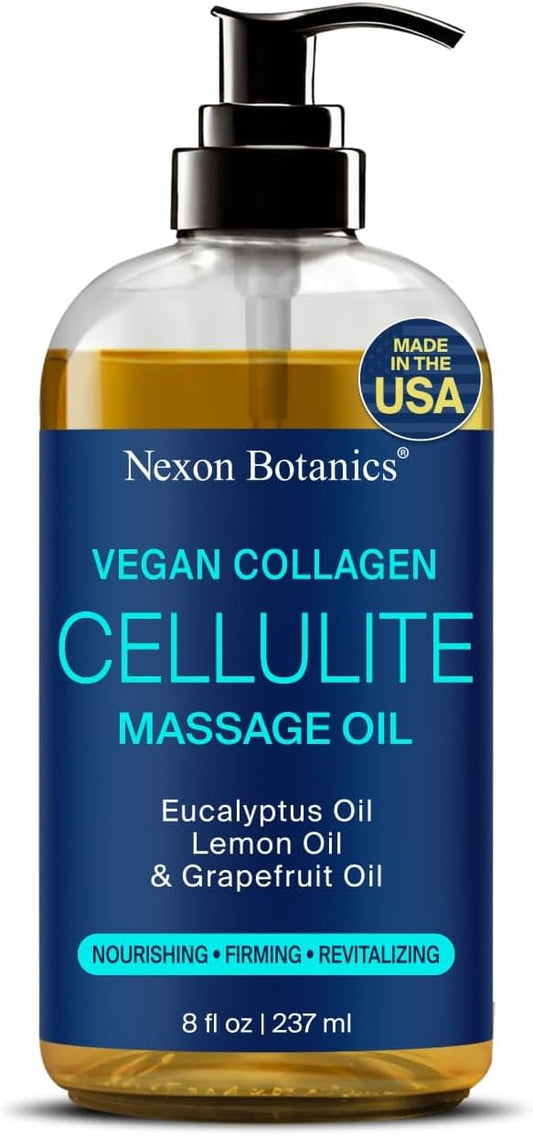 Anti-Cellulite Massage Oil for Massage Therapy 8 fl oz - Vegan Collagen Oil for Thighs, Butt, and Legs - Reduces Cellulite for Women and Men - Nexon Botanics