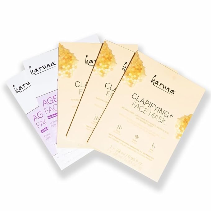 Karuna Age-Defying + Clarifying Sheet Masks (5-Pack) & Multi-Tasking Face Oil (30 mL) – Glow-Boosting Skincare Set for Nourished, Radiant Skin