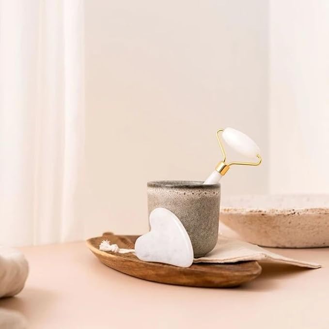 Gua Sha and Jade Roller Set for Facial Massage – Skin Care Tools to Reduce Puffiness and Redness, Perfect Self-Care Gift for Men and Women (White)