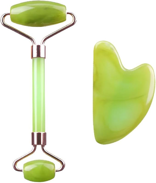 Gua Sha and Jade Roller Set for Facial Massage – Skin Care Tools to Reduce Puffiness and Redness, Perfect Self-Care Gift for Men and Women (Green)