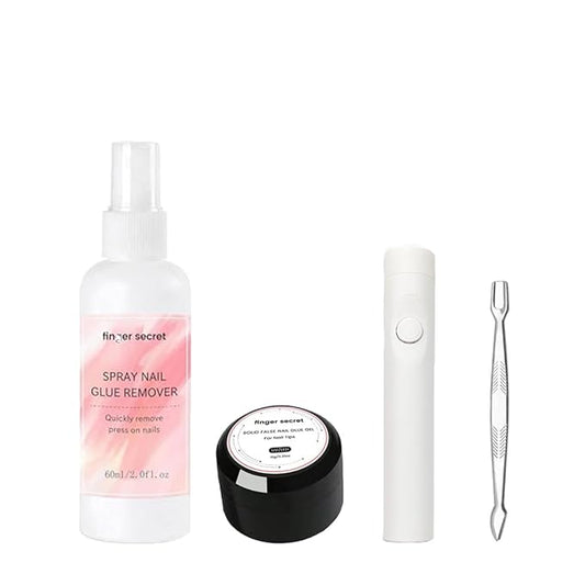Gel Nail Glue for Press Ons 2 FL.OZ Spray Nail Glue Remover for Glue on Nails Solid Gel Glue Nail,with Cuticle Pusher and UV Mini Nail Lamp for Flase Nail Tips Press on Nail