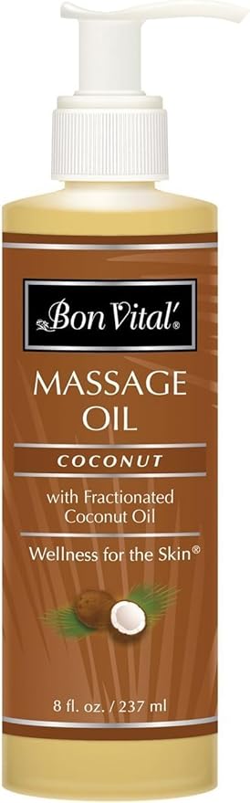 Bon Vital' Coconut Massage Oil with 100% Pure Fractionated Coconut Oil to Repair Dry Skin, Used by Massage Therapists and At-Home Use for Therapeutic Massages and Relaxation, 8 Oz, Label may Vary