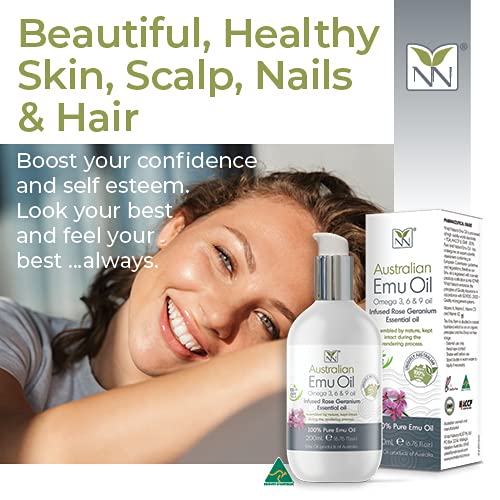 Y-Not Natural Ultra Pure Australian Emu Oil - Luxury, Hospital Grade Emu Oil 200 mL | Free Range Aboriginal Omega 3, 6 & 9 Oil Infused with Rose Geranium - The Ultimate Moisturizer for Skin, Hair, Nails, and Scalp