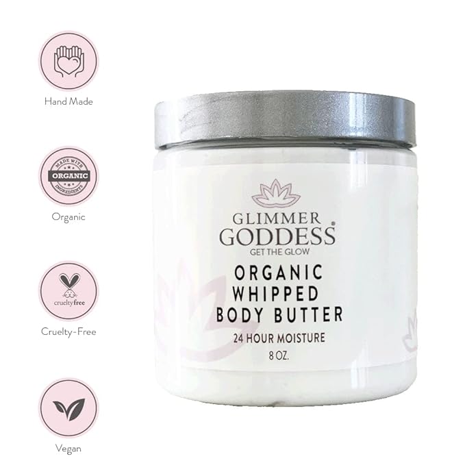 GLIMMER GODDESS Organic Whipped Body Butter- Cinnamon Apple Cider, Vegan, 24 Hr Hydration, Less Stretch Marks, All Skin Types, Child-Safe, 8 oz
