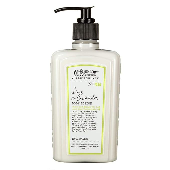 C.O. Bigelow Lime Coriander Body Lotion for Women and Men, Village Perfumer Lotion with Olive Oil, Borage Oil, and Aloe Vera Concentrate, 10 fl oz