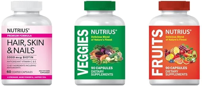 Nutrius Hair, Skin & Nails 5000 mcg Biotin with Antioxidant Vitamin C & E - 60 Coated Capsules