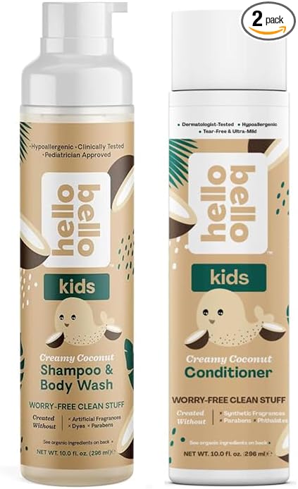 Hello Bello Creamy Coconut Shampoo & Body Wash - 10 oz + Conditioner - Gentle Hypoallergenic, pH-Balanced, Vegan, and Dermatologist-Tested