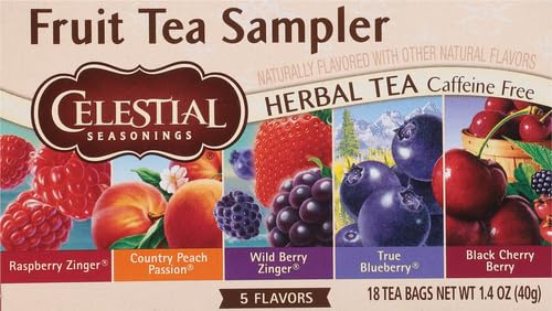 Celestial Seasonings Fruit Tea Sampler Herbal Variety Pack, Caffeine Free, 18 Tea Bags Box (Pack of 5)