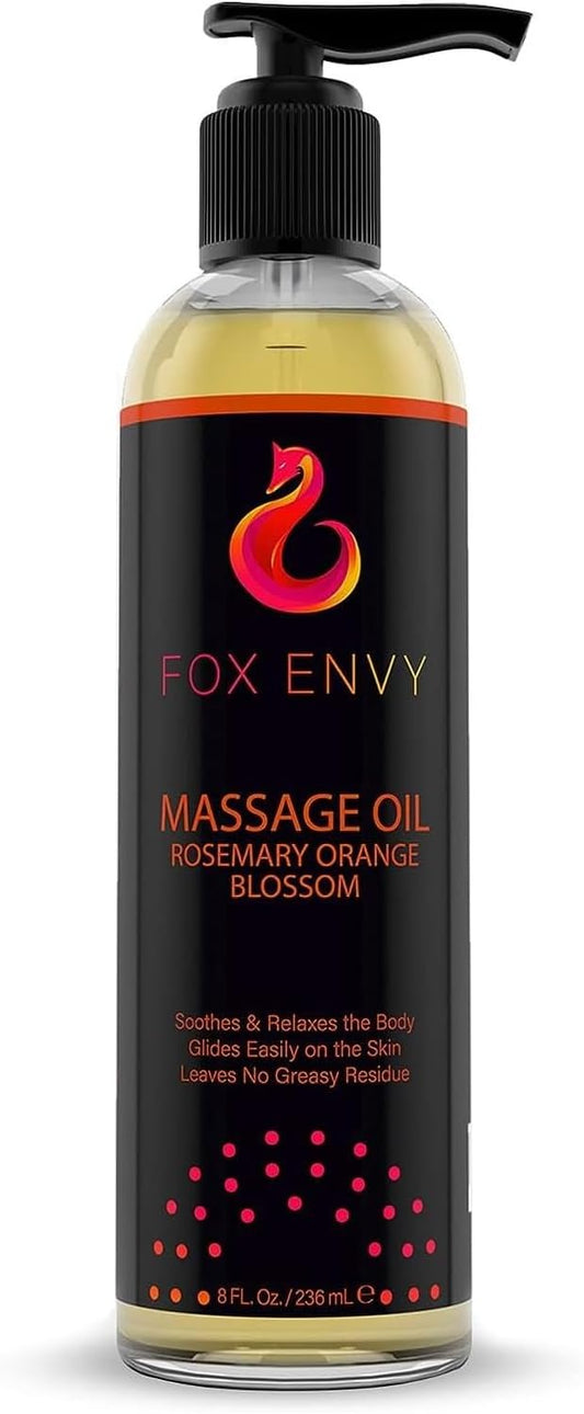 Massage Oil for Couples, Women & Men (1 Bottle, 8 fl oz) - Fox Envy Orange Blossom with Rosemary Scented Sensual Oil with Coconut Oil & Jojoba Oil - Enhances Stimulation for The Body & Muscles