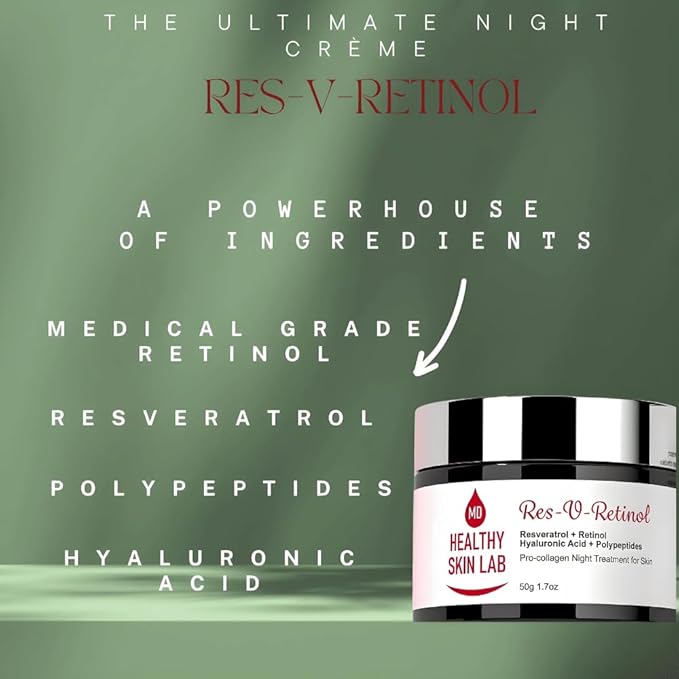 Res-V-Retinol Resveratrol Face Night Cream, Anti-Aging Neck & Décolleté Moisturizer With Retinol, Hyaluronic Acid, Polypeptides, Hydrates & Brightening, 1.7oz