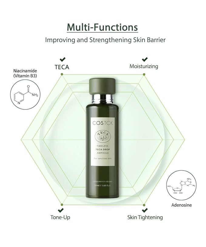 COSTOK Timeless TECA Drop Ampoule 50ml with Centella Asiatica Extract TECA Technology Hypoallergenic Soothing Hydrating Facial Serum for Sensitive Skin