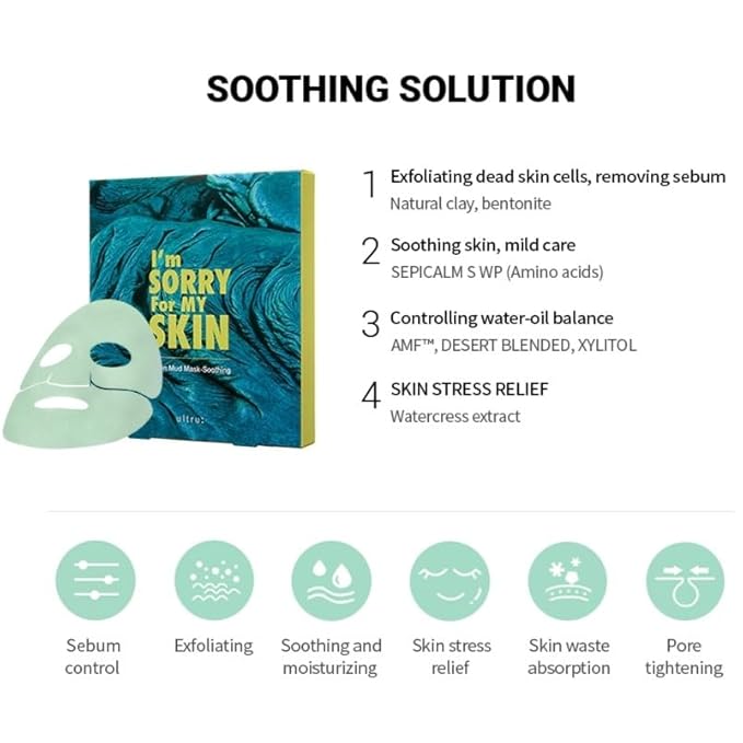 I'M SORRY FOR MY SKIN Bentonite Clay Mud Sheet Masks Set, Korean Skin Care, Exfoliating Face Masks with Volcanic Ash, Sebum Control, Pore Minimizer, Tightening, Soothing (Black 2pcs & Green 2pcs)