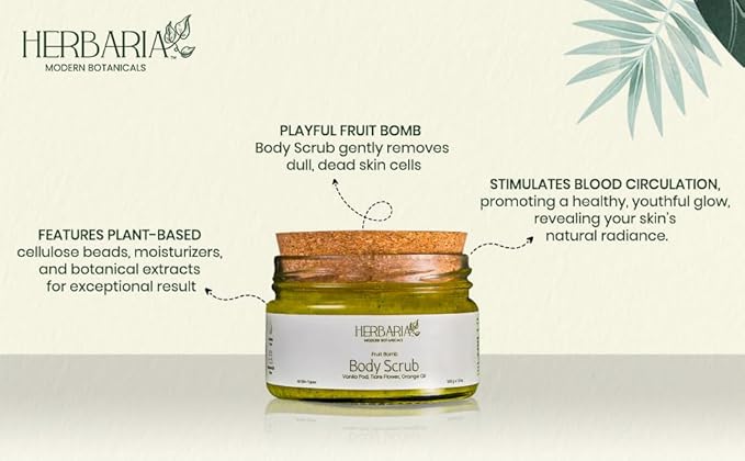 HERBARIA Body Scrub - FRUIT BOMB (7 oz) | Exfoliating Sugar Scrub with Panifolia Fruit, Shea Butter, Avocado Oil, Safflower Seed Oil, Almond Oil | 100% Sustainable - 100% Vegan, Cruelty Free