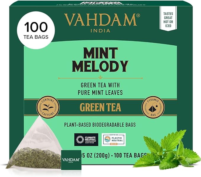 VAHDAM, Mint Green Tea Bags (100 Count) 100% Pure Leaf Tea, High Grown, Low Caffeine, Non GMO, Gluten Free | Plant-Based Pyramid Tea Bags | Direct from Source