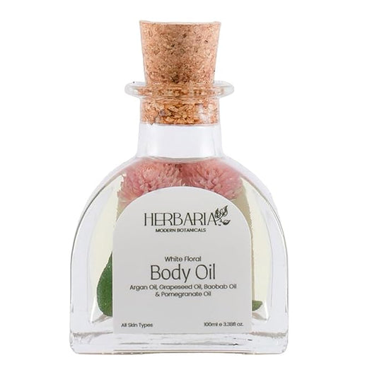 HERBARIA Body Oil - White Floral (3.38 fl oz) | Luxurious Body Oil - ALL SEASON | 100% Vegan Enriched With Grapeseed Oil, Pomegranate Oil, Avocado Oil, Argan Oil, Baobab Oil | 100% Sustainable