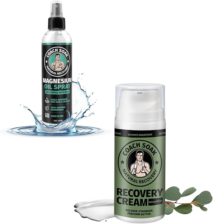 Coach Soak Eucalyptus Magnesium Lotion & Magnesium Oil Spray with MSM - 8oz Topical Spray for Feet & Body and 3.4oz Natural Cream for Muscle & Joint Relaxation