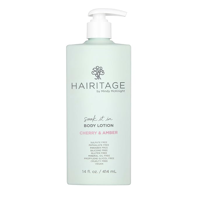 Hairitage Soak it In Cherry & Amber Scented Body Lotion - Moisturizes + Softens Skin - Niacinamide, Jojoba Oil, + Avocado Oil for All Skin Types - Vetiver + Guaiac Wood Essential Oils, 14 fl. oz.