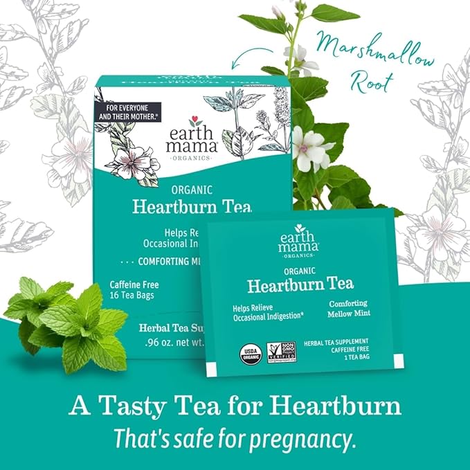Earth Mama Organic Heartburn Tea | Pregnancy-Safe Soothing Herbal Blend with Marshmallow Root, Lemon Balm & Chamomile, 16 Teabags Per Box (2-Pack)