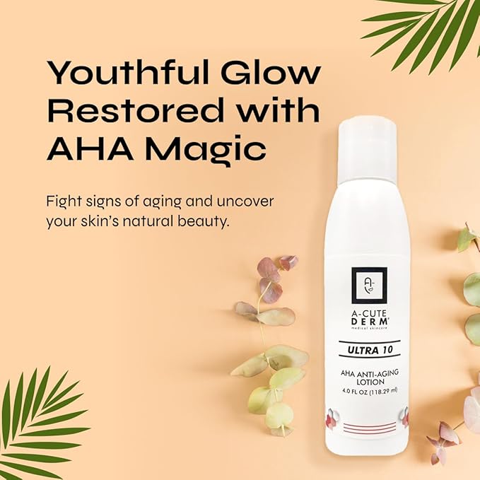 A-Cute Derm Ultra 10 AHA Anti-Aging Lotion for Exfoliation Simple and Effective for Face and Body (4 OZ)