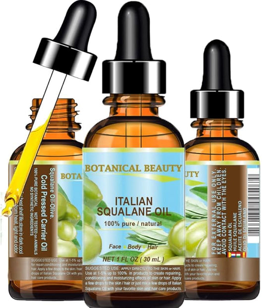 Botanical Beauty SQUALANE Italian Olive. 100% Pure/Natural/Undiluted Oil. 1 fl.oz- 30ml. 100% Ultra-Pure Moisturizer for Face, Body & Hair. Reliable 24/7 skincare protection