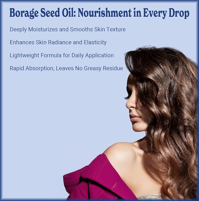 Natural Born Oils Borage Seed Oil, 8oz, Organic, Cold-Pressed, Carrier Oil, Omega-6 Rich, Skin Moisturizer, Hair Health Enhancer