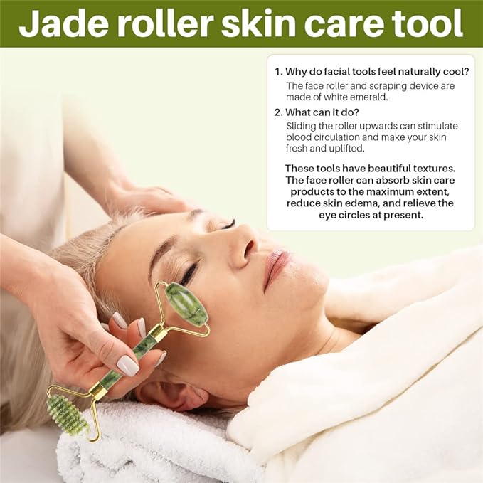 Emerald Facial Roller Massager Anti-wrinkle and relieve edema, facial ridged roller natural Xiuyan jade rejuvenates the skin (green)