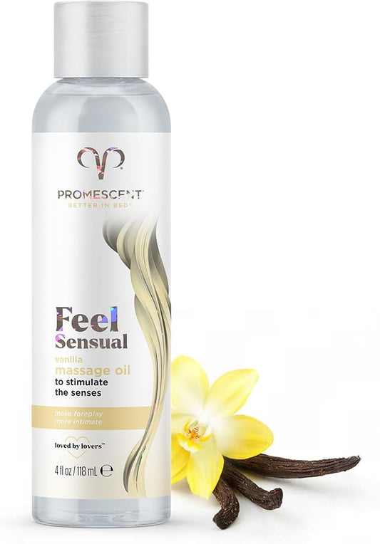 Promescent Massage Oil for Massage Therapy, Massage Oils for Date Night, Premium Body Oil for Men & Women to Relieve Stress & Sore Muscles, Essential Oils for Skin (4 oz) (Vanilla)
