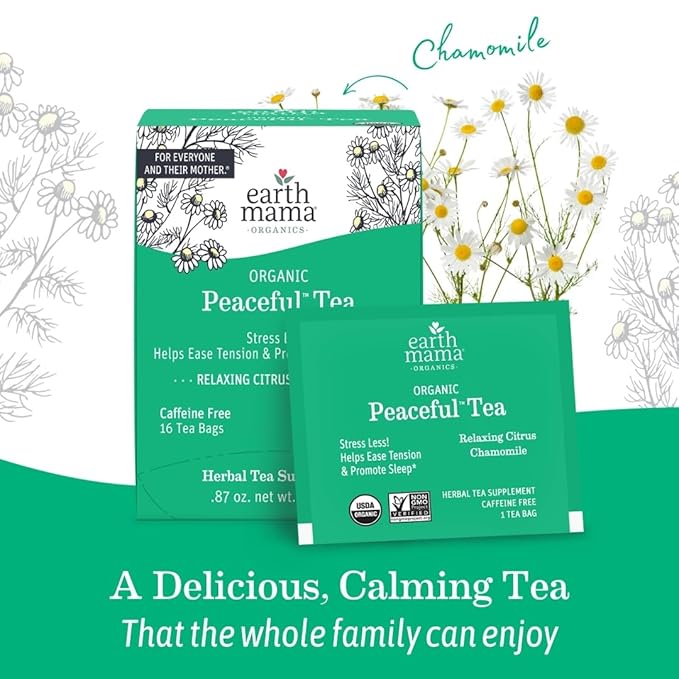 Earth Mama Organic Peaceful™ Tea | Stress Less! Calming, Relaxing Herbal Blend Safe for Pregnancy & Beyond, 16 Teabags Per Box (3-Pack)