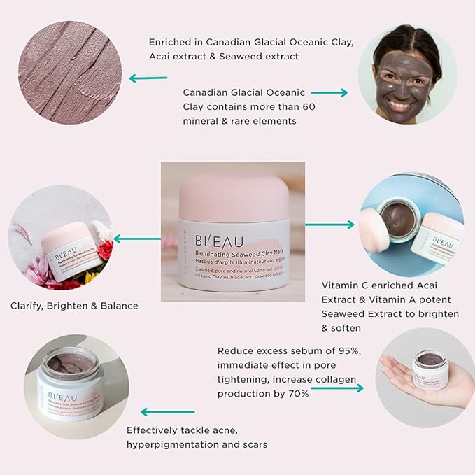 BL'EAU Illuminating Seaweed Clay Mask - Brightening Clay Mask for All Skin Types – Collagen Boosting Deep Cleanse and Tighten Pores – Clarify and Balance -Natural Origin – 80 g ℮ Net Wt. 2.8 oz