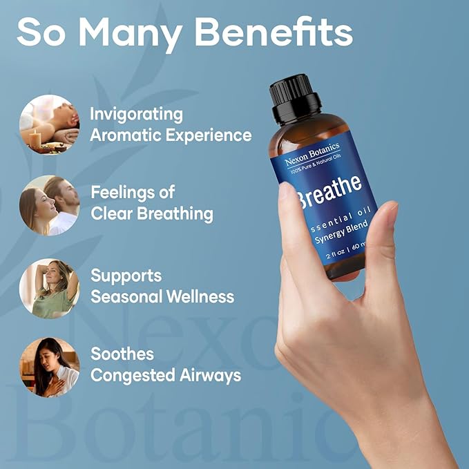 Breathe Essential Oil Blend 60 ml - Breath Sinus Relief with Menthol Oils - for Humidifiers, Diffusers, and Aromatherapy - Nexon Botanics