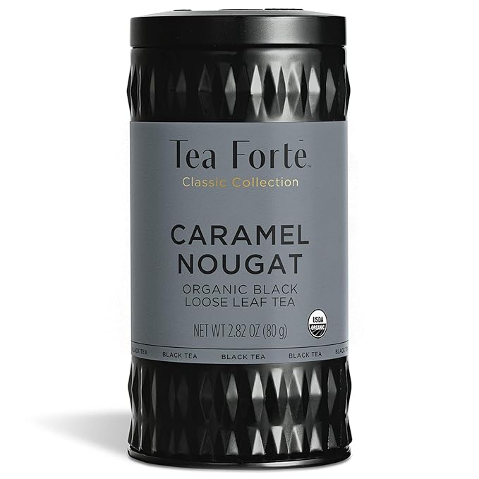 Tea Forte Caramel Nougat Premium Organic Loose Leaf Caffeinated Black Tea Blend Canister, Makes 35-50 Cups