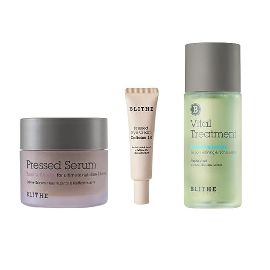 BLITHE Skin Care Solution Bundle – Caffeine Eye Cream, Pressed Serum Tundra Chaga, Vital Treatment 6 Calming Leaves