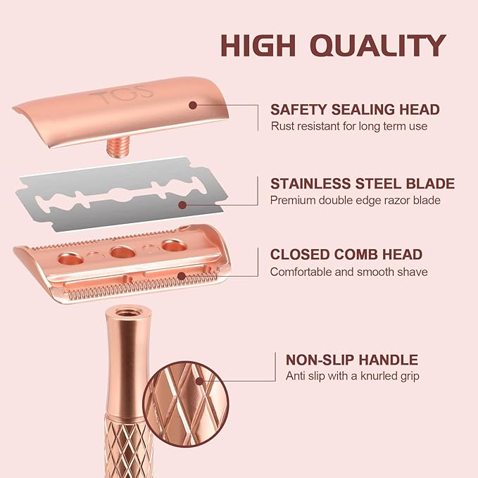 Double Edge Safety Razor for Women Rose Gold with Stand and Silicone Cover - Durable Metal Eco-Friendly Single Blade Safety Razor with 10 Blades- Closed Smooth Shave