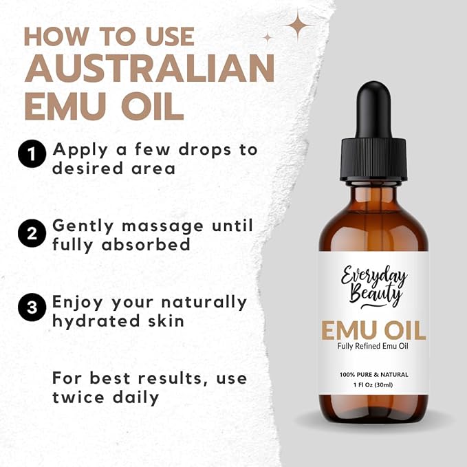 Pure Australian Emu Oil - All Natural 6X Refined for Face, Skin and Hair - Highly Effective Hydration for Sensitive Skin & Hair Growth Perfect for Scars & Blemishes - 1 Fl Oz Glass Bottle & Dropper