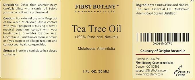 First Botany, 100% Pure Australian Tea Tree Essential Oil with high conc. of Terpinen - A Known Solution to Help in Fighting Acne, Toenail Issues, Dandruff. (1 fl oz)