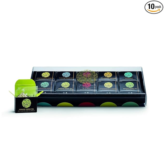 Ceremonie Tea Herbal Variety Pack - Kosher Set with Reusable Wooden Tray - Assorted Sampler With 10 Individually Wrapped Silky Mesh Bags - Single Serve Pouches