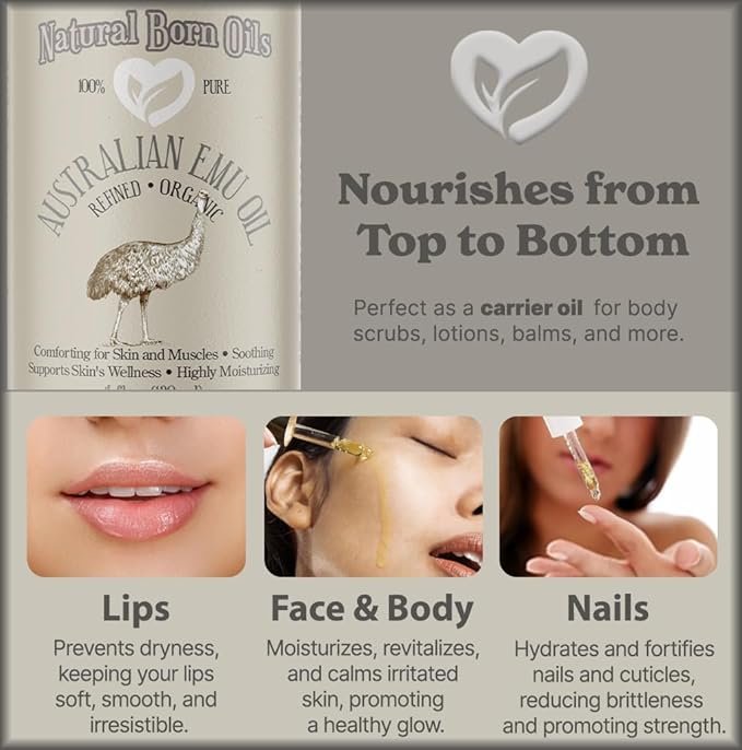 Natural Born Oils Australian Emu Oil, 4oz, Organic, Fully Refined, High in Omega-3 & 6, Perfect for Skin Nourishment, Hair Revitalization